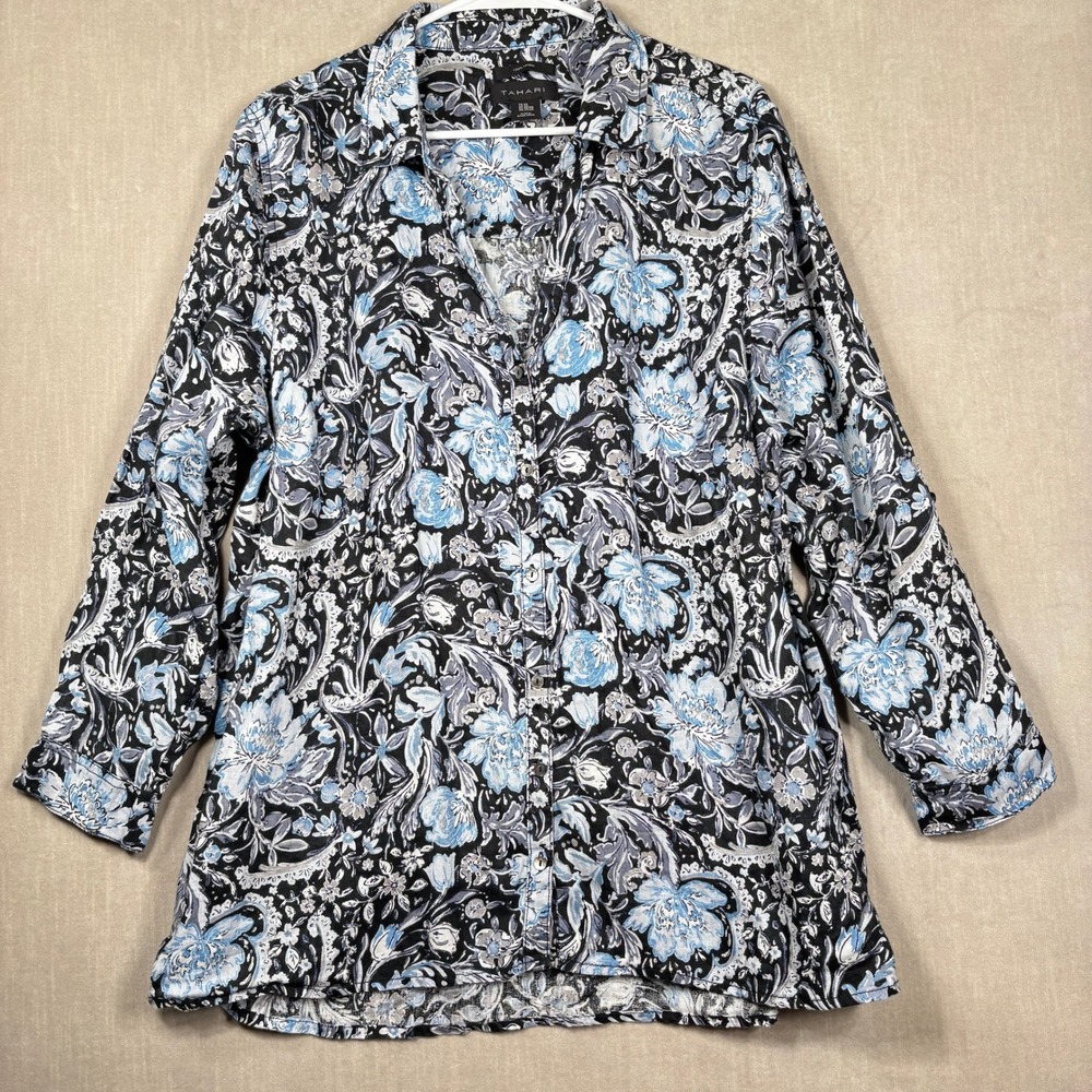 Tahari Womens 100% Linen Button Down Shirt Top Plus 2X Paisley Floral Blue Black